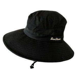 Women's Black Sun Hat Wide Brim Foldable Ponytail Bucket Hat Cap